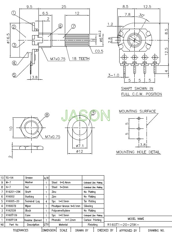 R160T1-20 16mm Rotary Potentiometers